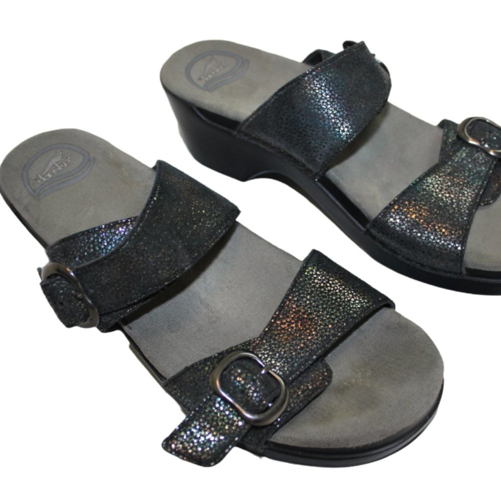 Dansko Black Metallic Double Strap Leather  Slide Sandals Womens EU 41 US 10.5